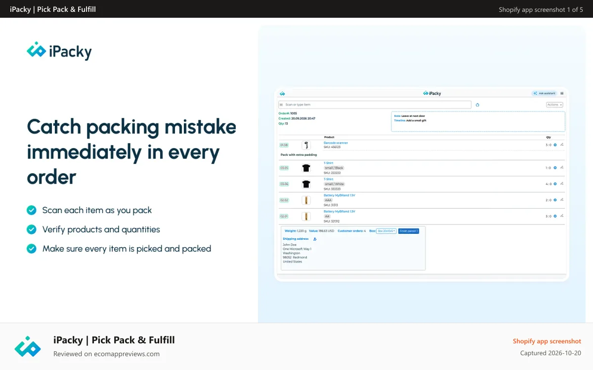 iPacky | Pick Pack & Fulfill Shopify app screenshot: check orders, order fulfillment, scan, check, pick, pack, fulfil