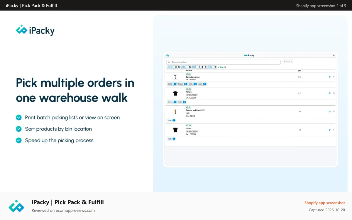 iPacky | Pick Pack & Fulfill Shopify app screenshot: Picking list, Batch picking, Bin location, Packing, Verification