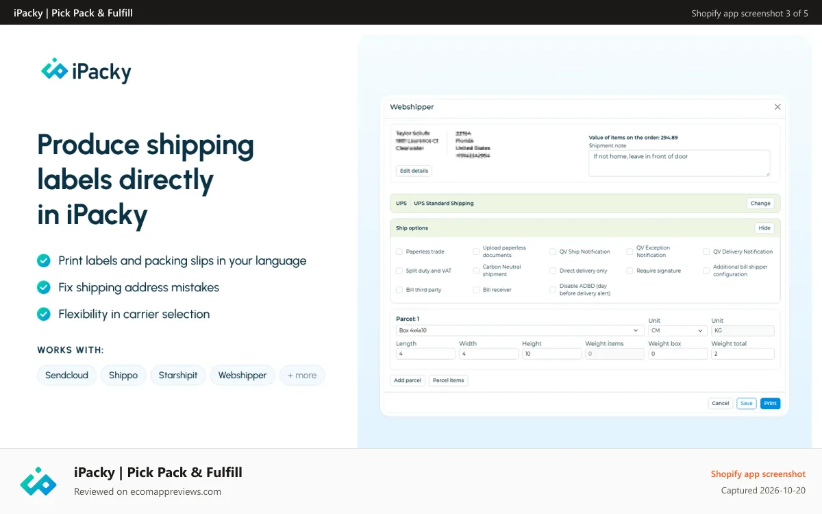 iPacky | Pick Pack & Fulfill Shopify app screenshot: Order verification, print labels, packing slips, shipping
