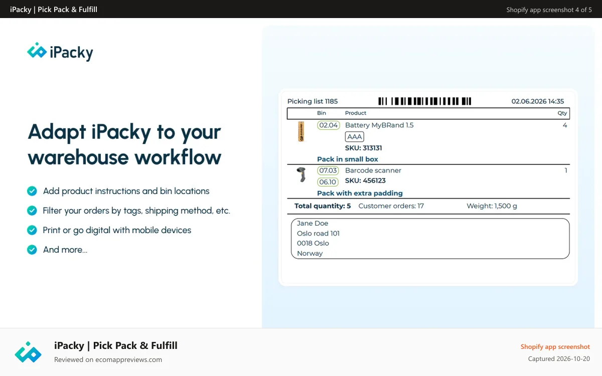 iPacky | Pick Pack & Fulfill Shopify app screenshot: packing notes, bin locations, scanning orders, barcode scanner