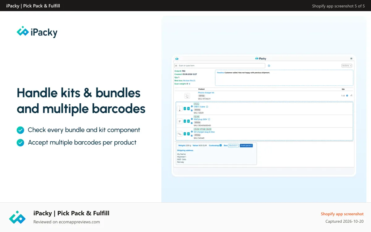 iPacky | Pick Pack & Fulfill Shopify app screenshot: virtual products, kit & bundles, multiple barcodes, fulfillment