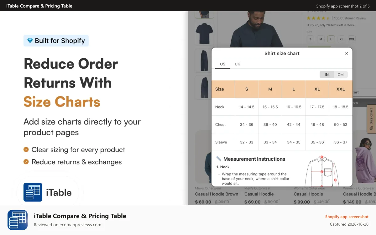 iTable Compare & Pricing Table Shopify app screenshot: Create size chart table & reduce order returns