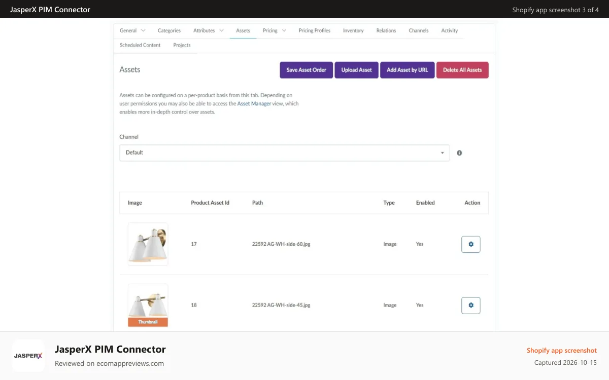 JasperX PIM Connector Shopify app screenshot: JasperX Channel Tab