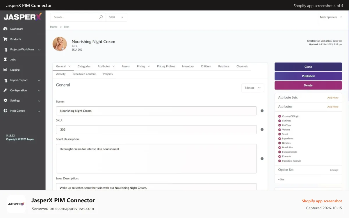 JasperX PIM Connector Shopify app screenshot: Jasper Dashboard
