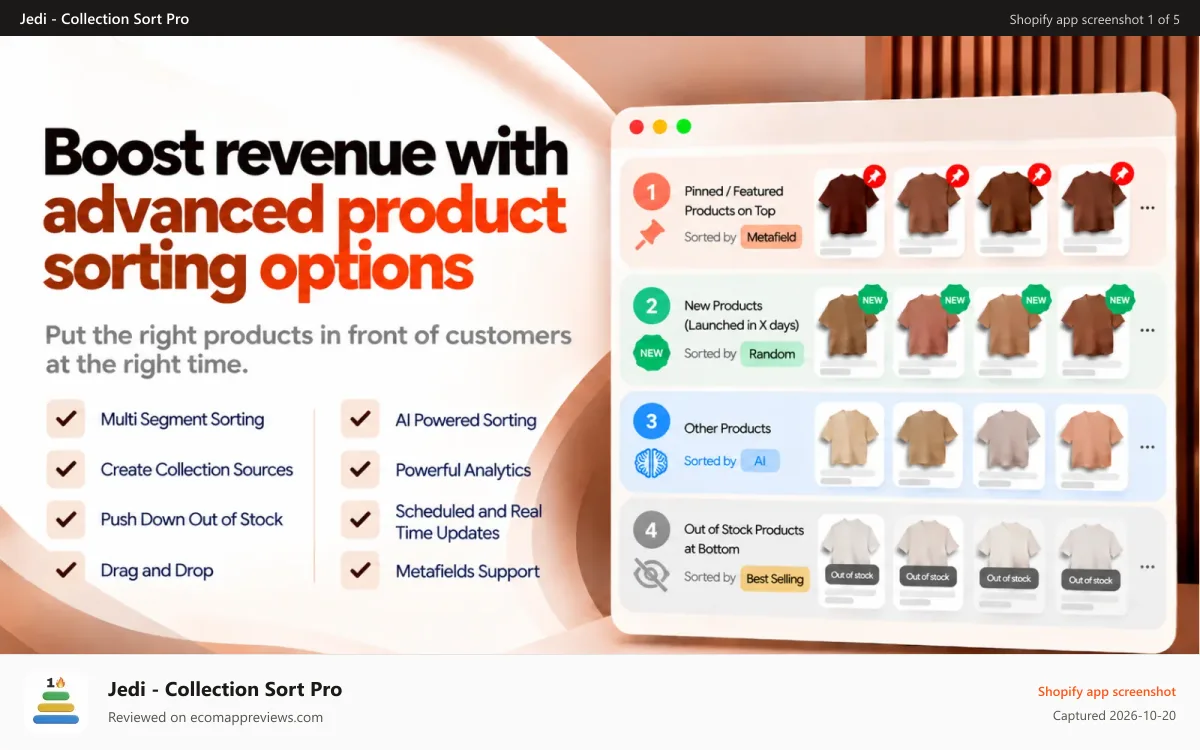 Jedi ‑ Collection Sort Pro Shopify app screenshot: Jedi Collection Sort Pro — push down out of stock, AI sort