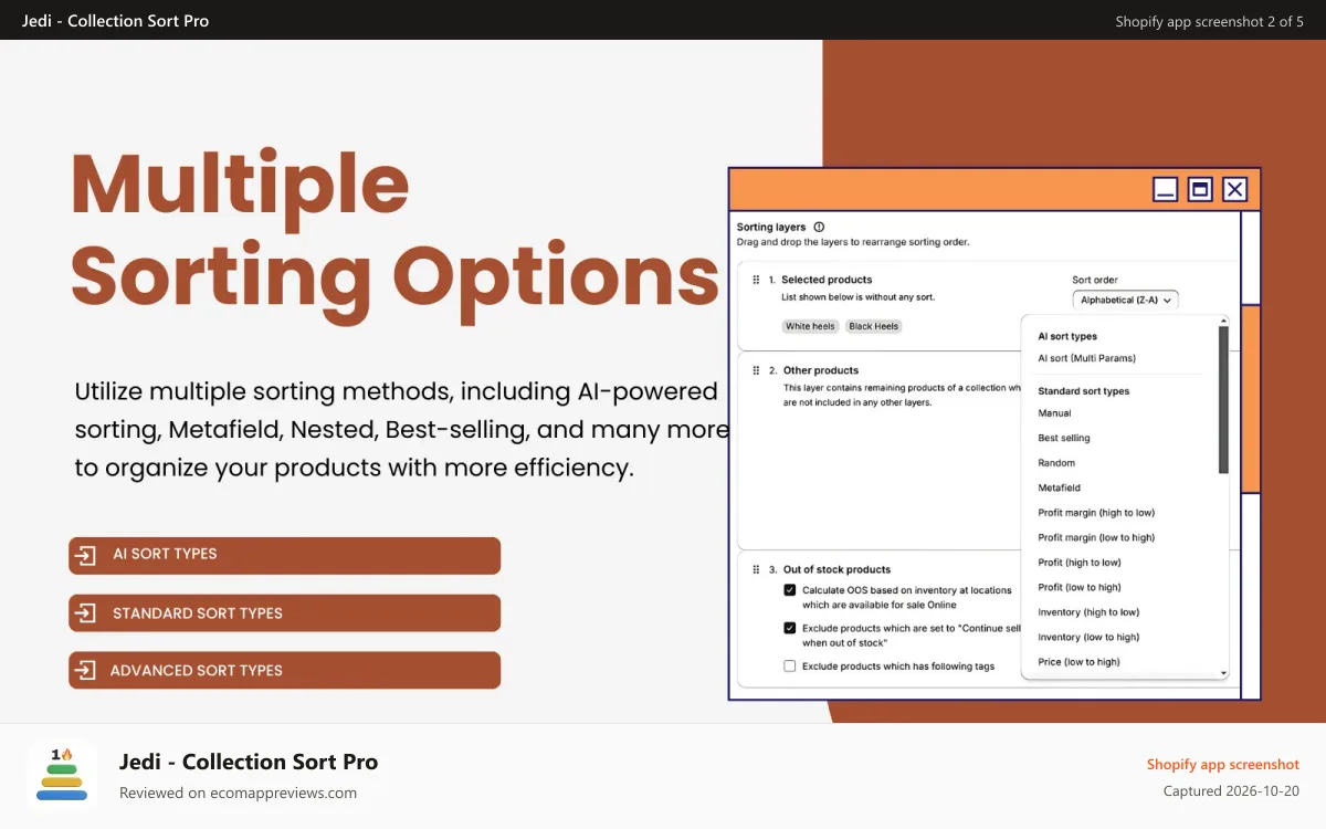 Jedi ‑ Collection Sort Pro Shopify app screenshot: Rule builder with weighted custom collection sorting strategy