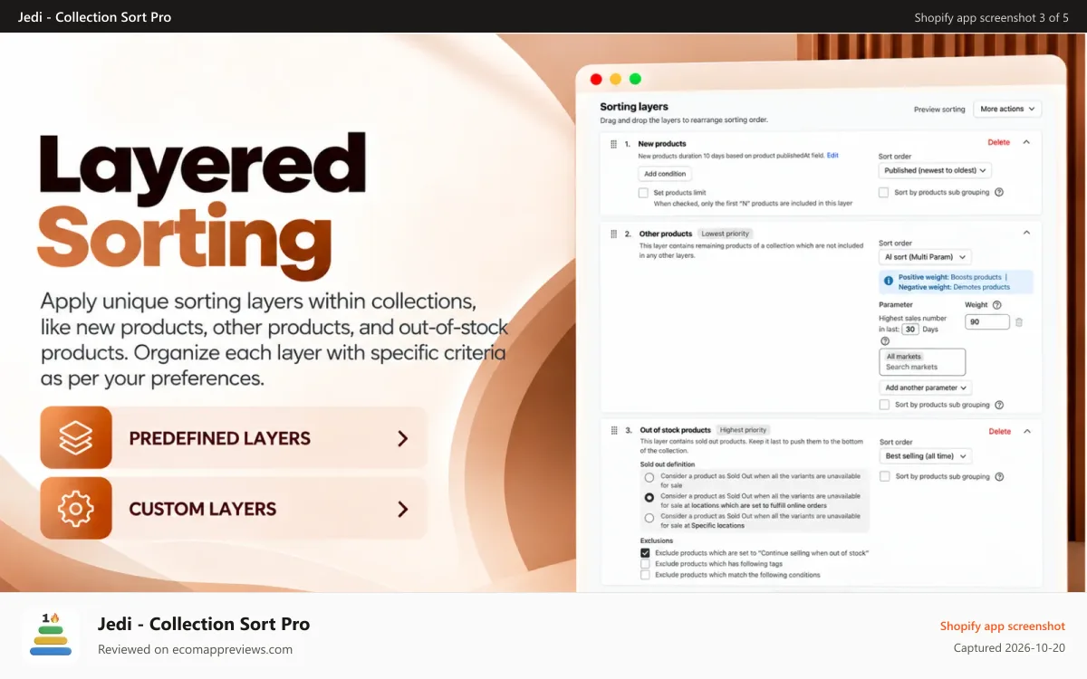 Jedi ‑ Collection Sort Pro Shopify app screenshot: Sort types: AI, bestsellers, metafield, nested, sold-out