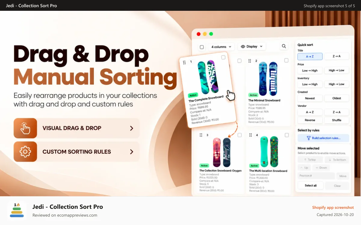 Jedi ‑ Collection Sort Pro Shopify app screenshot: Flexible and powerful Drag and drop manual sorting