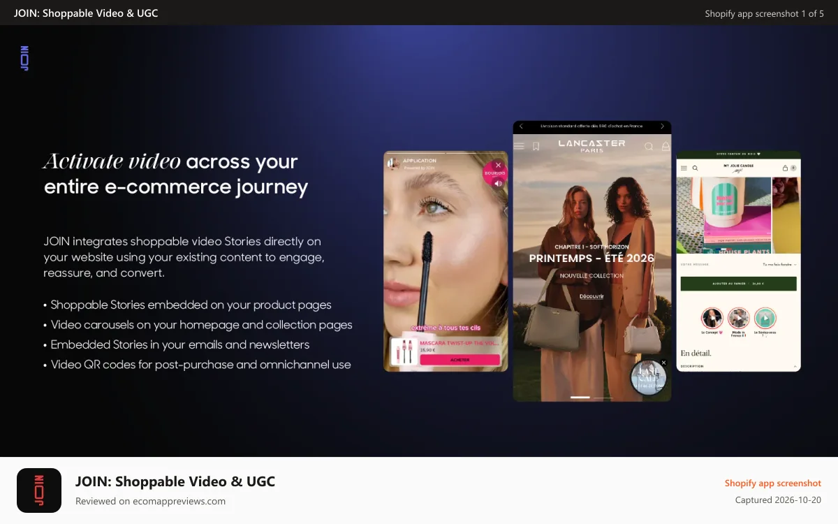 JOIN: Shoppable Video & UGC Shopify app screenshot: Intégration client (Client integration)
