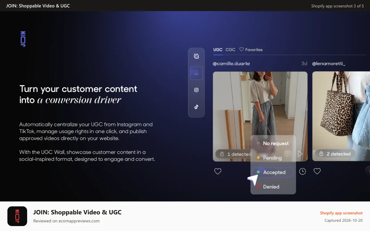 JOIN: Shoppable Video & UGC Shopify app screenshot: UGC integration