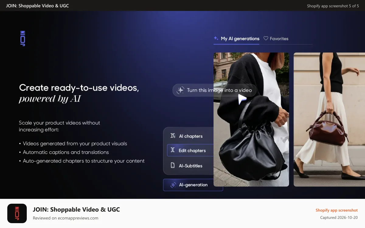 JOIN: Shoppable Video & UGC Shopify app screenshot: IA pour la création de contenu (IA for Content Creation)