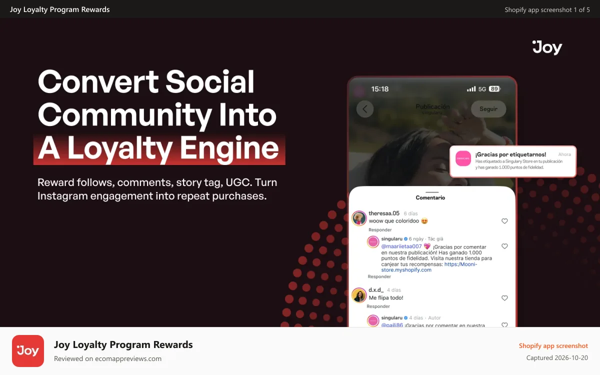 Joy Loyalty Program Rewards Shopify app screenshot: Auto-reward Instagram mentions, comments, and story tags