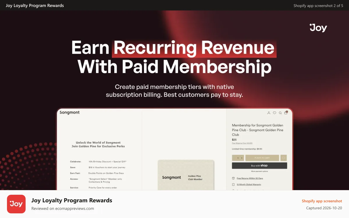 Joy Loyalty Program Rewards Shopify app screenshot: Paid membership feature for recurring revenue and auto-renewal