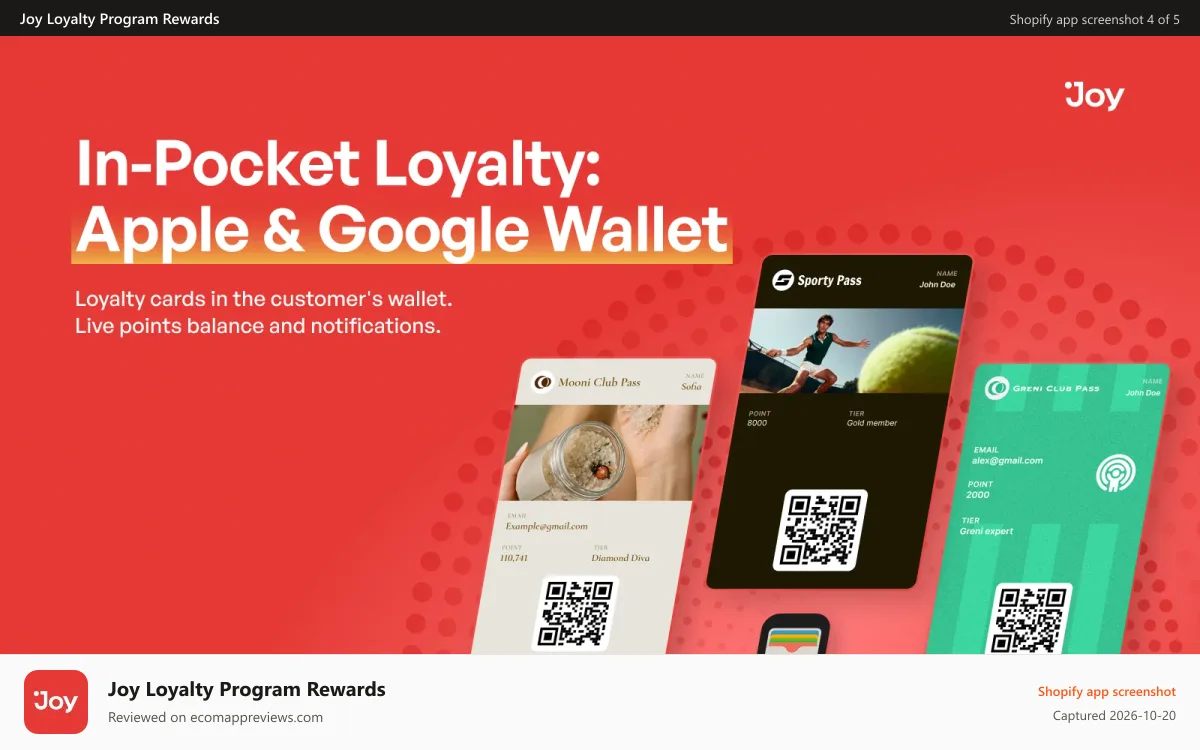 Joy Loyalty Program Rewards Shopify app screenshot: Branded loyalty cards for Apple Wallet and Google Wallet