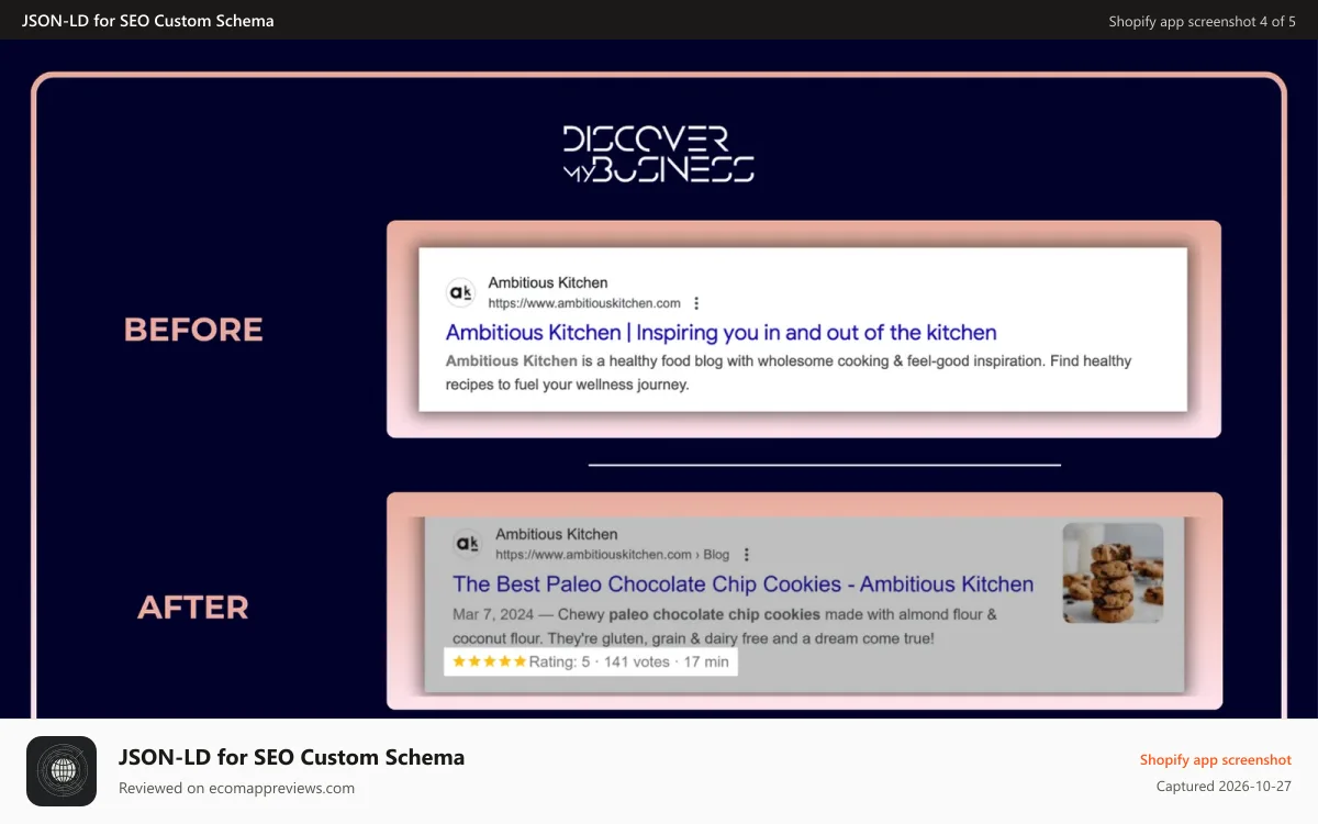 JSON‑LD for SEO Custom Schema Shopify app screenshot: Before and after installing schema example 2