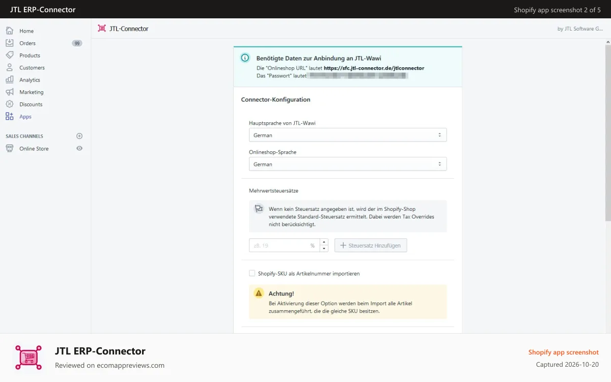 JTL ERP‑Connector Shopify app screenshot: Einrichtung von JTL-Connector: Sprachen und SKUs
