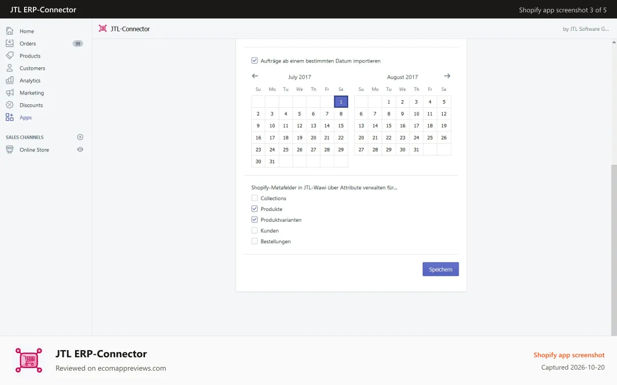 JTL ERP‑Connector Shopify app screenshot: Einrichtung von JTL-Connector: Zeitraum für Datenimport