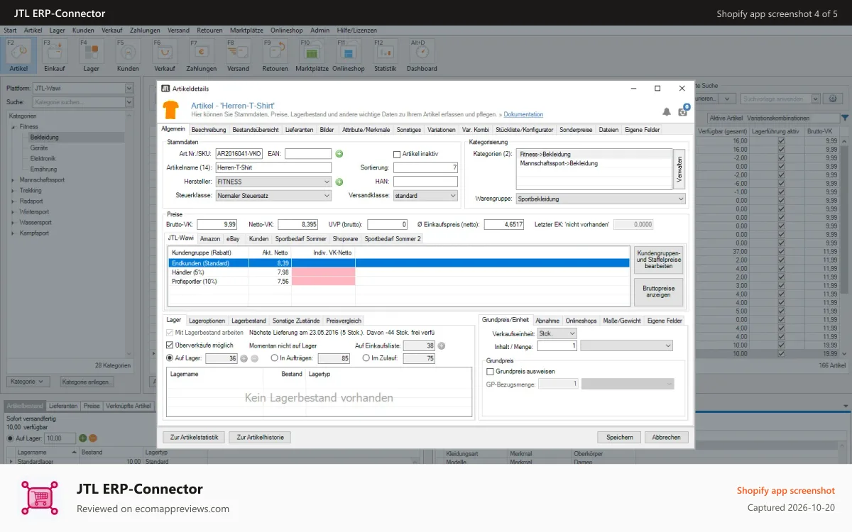 JTL ERP‑Connector Shopify app screenshot: Artikelstammdaten in der Warenwirtschaft JTL-Wawi