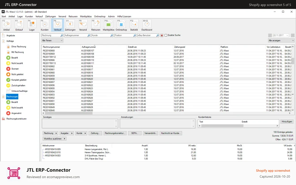 JTL ERP‑Connector Shopify app screenshot: Erstellung und Verwaltung von Rechnungen in JTL-Wawi