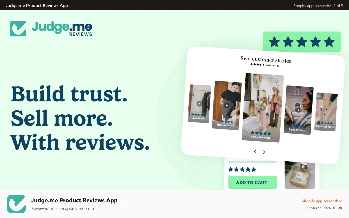 Judge.me Product Reviews App Shopify app screenshot: Judge.me product reviews, testimonials and star ratings