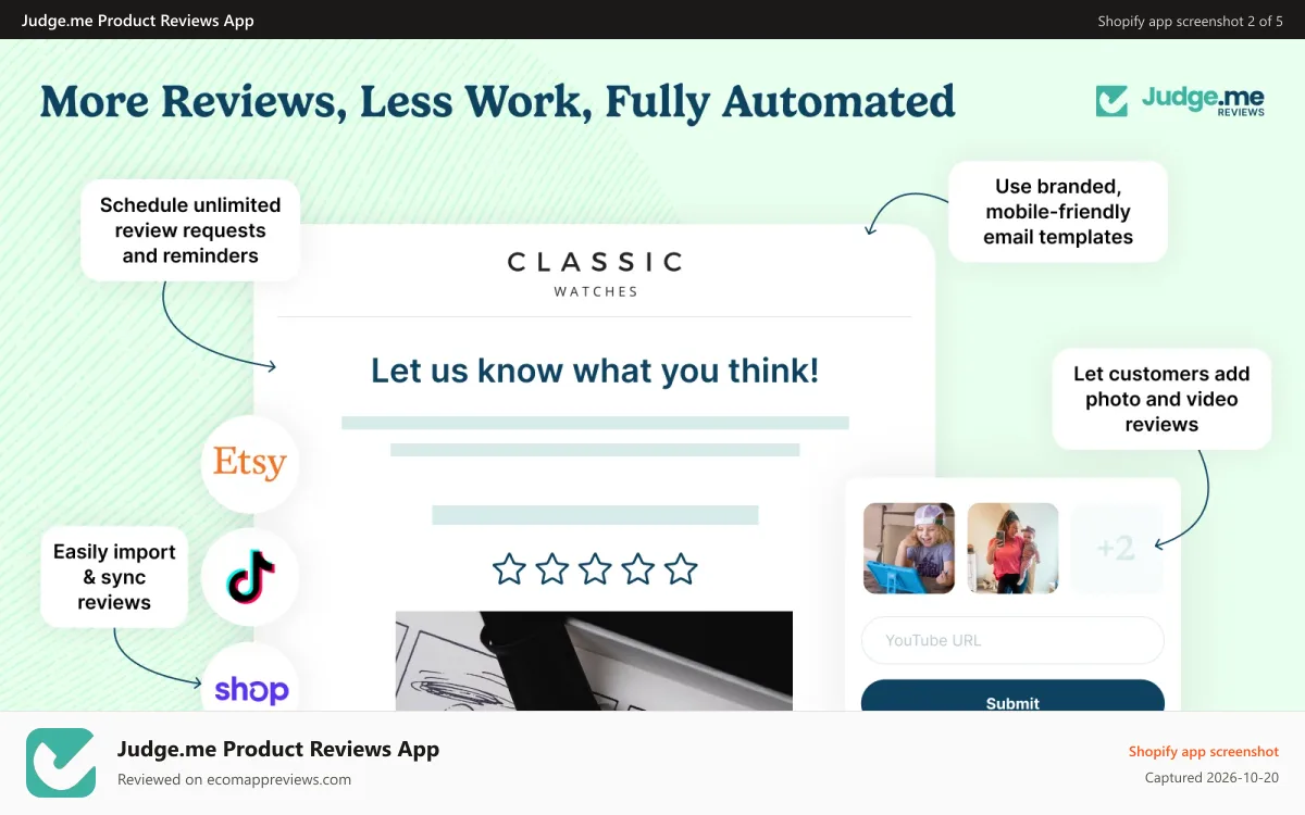 Judge.me Product Reviews App Shopify app screenshot: Collect unlimited reviews automatically from email, SMS, QR code