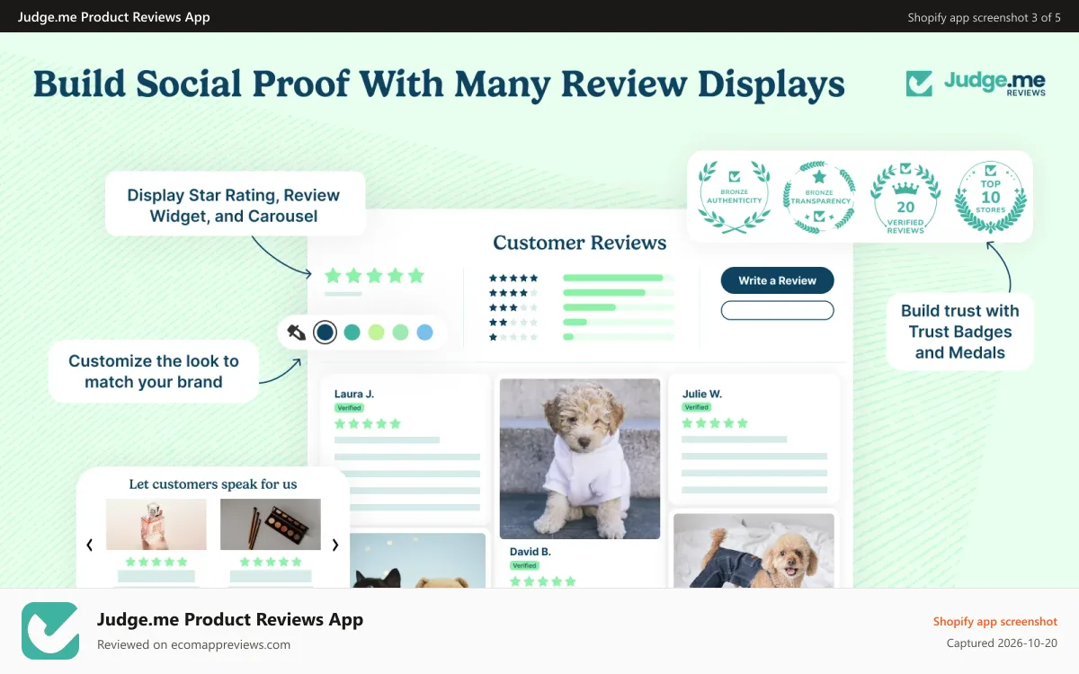 Judge.me Product Reviews App Shopify app screenshot: Display reviews with Star Rating, Review Widget, Carousel & more