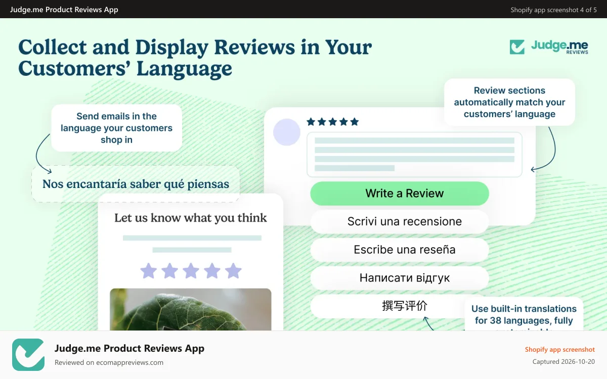 Judge.me Product Reviews App Shopify app screenshot: Collect and display reviews in customers' language automatically
