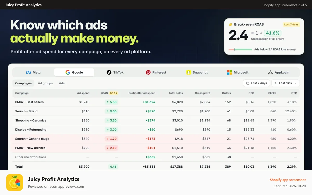 Juicy Profit Analytics Shopify app screenshot: Campaign profit, ad attribution and break-even ROAS tracking