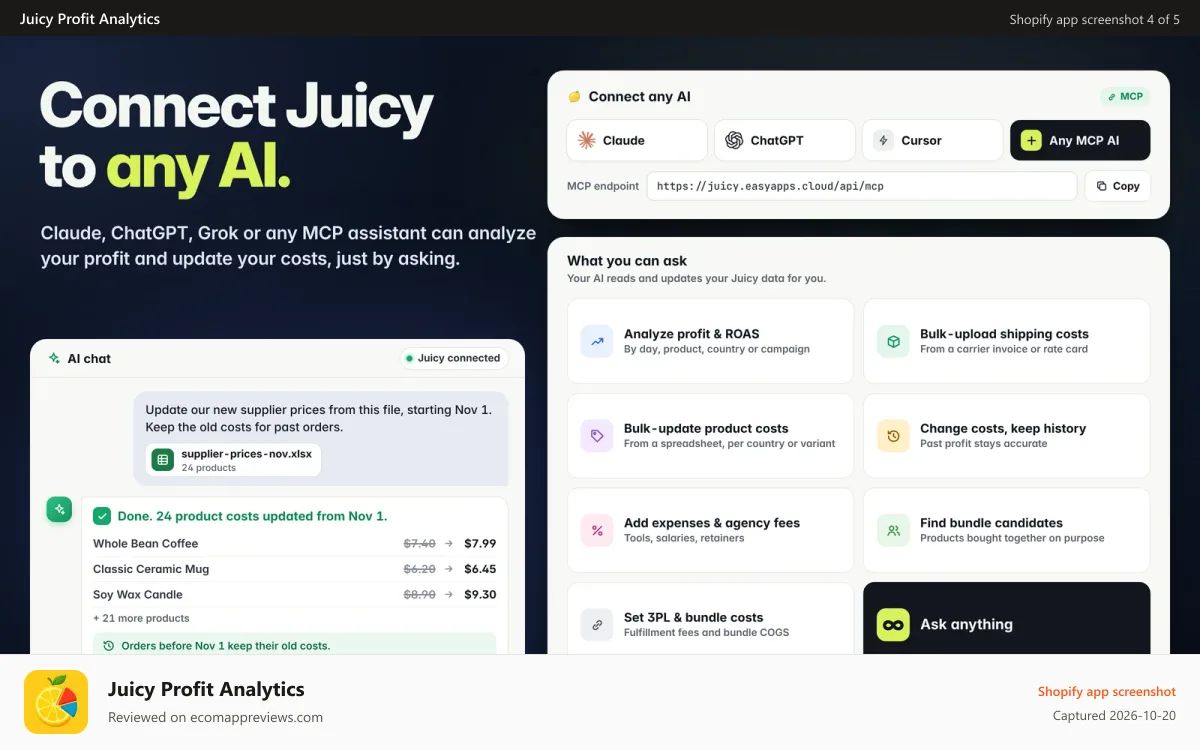 Juicy Profit Analytics Shopify app screenshot: Connect ChatGPT and Claude via MCP to analyze profit and costs