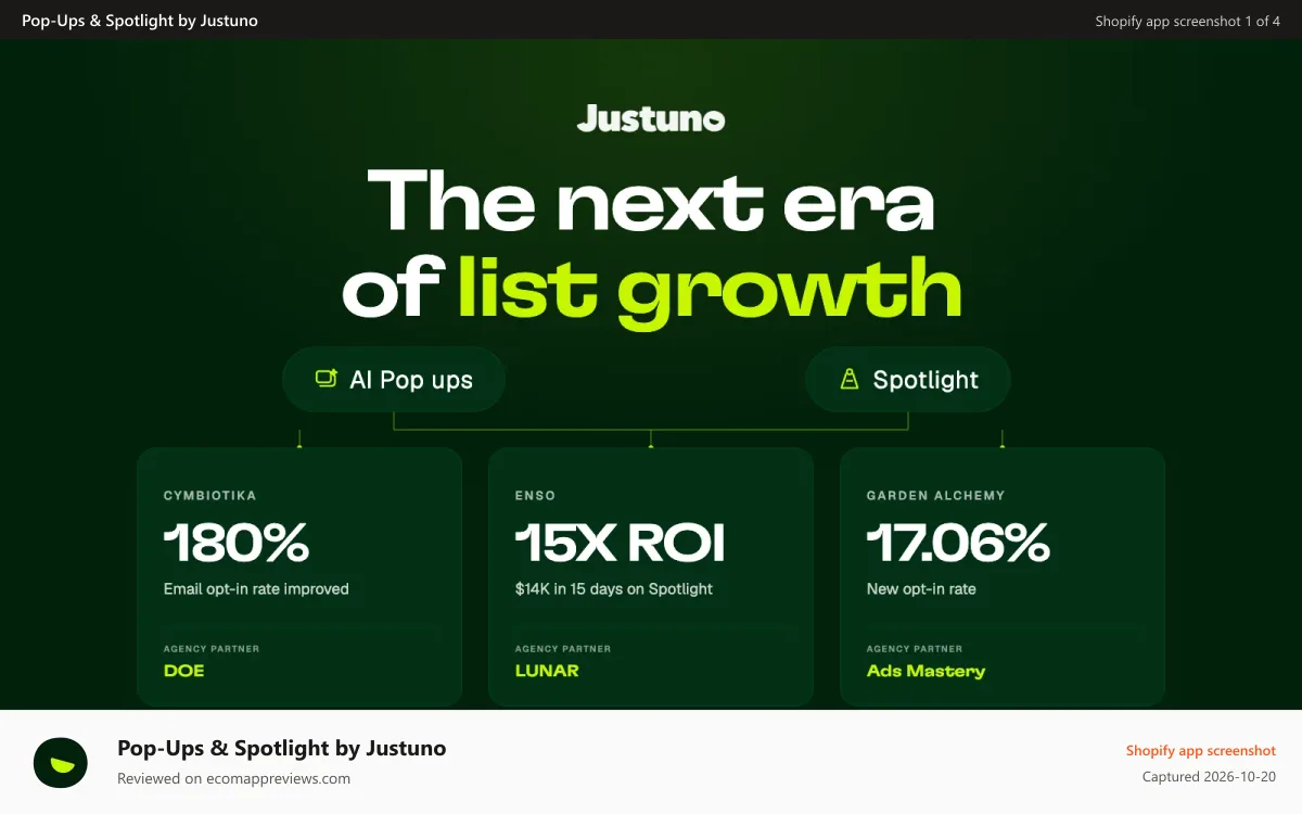 Pop‑Ups & Spotlight by Justuno Shopify app screenshot: Best Email & SMS pop up list growth app