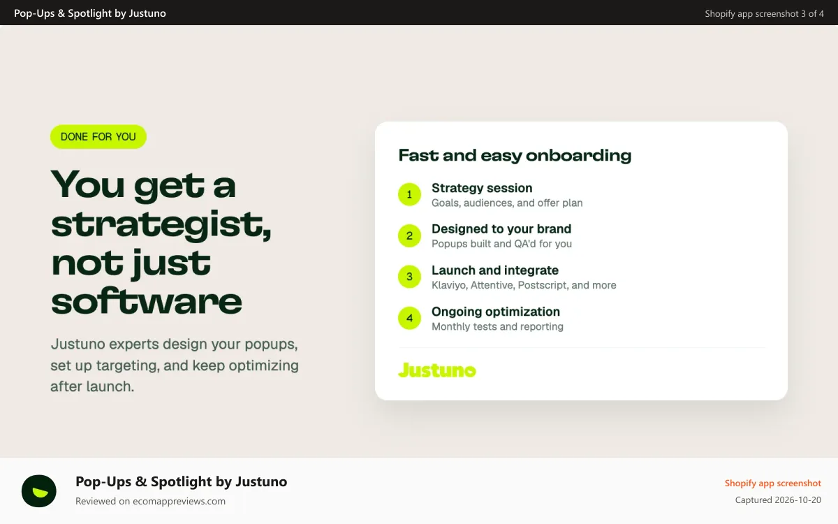 Pop‑Ups & Spotlight by Justuno Shopify app screenshot: Done-for-you by Justuno Experts