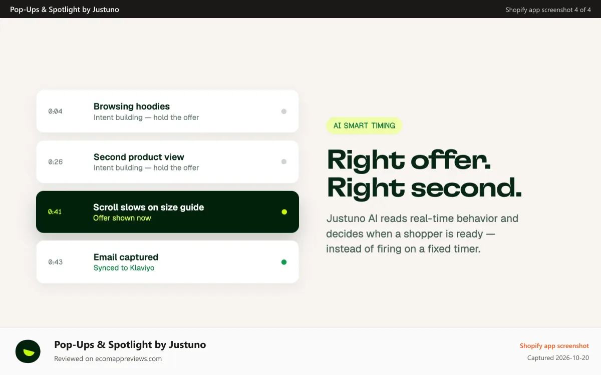Pop‑Ups & Spotlight by Justuno Shopify app screenshot: Justuno’s AI reads real-time intent, behavior & engagement si