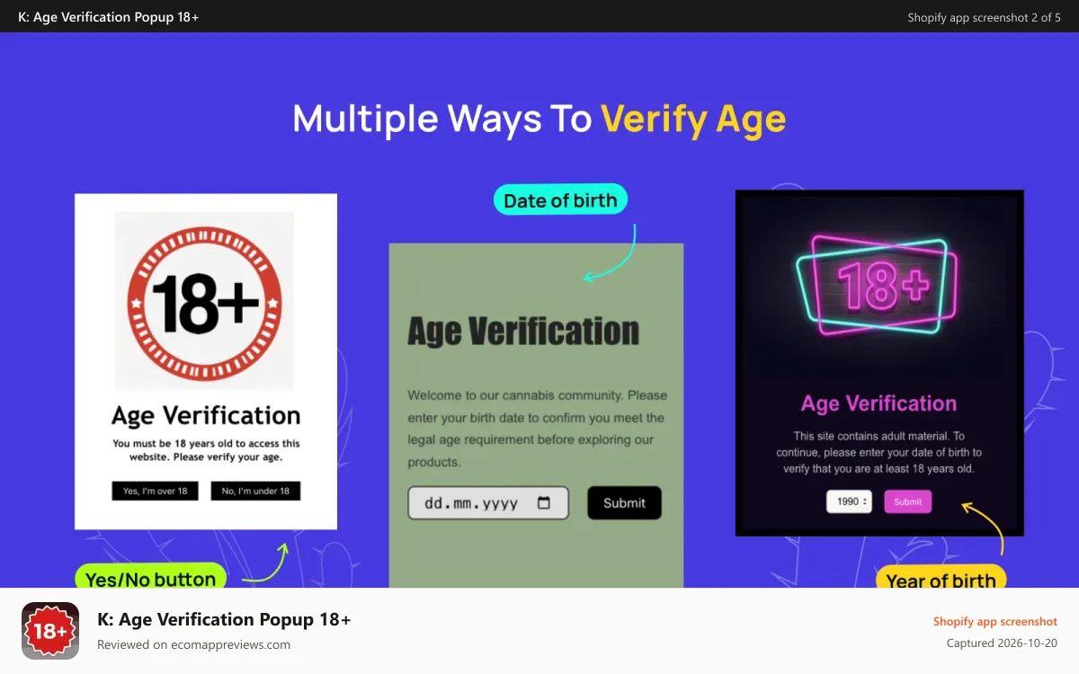 K: Age Verification Popup 18+ Shopify app screenshot: age_verify_ways