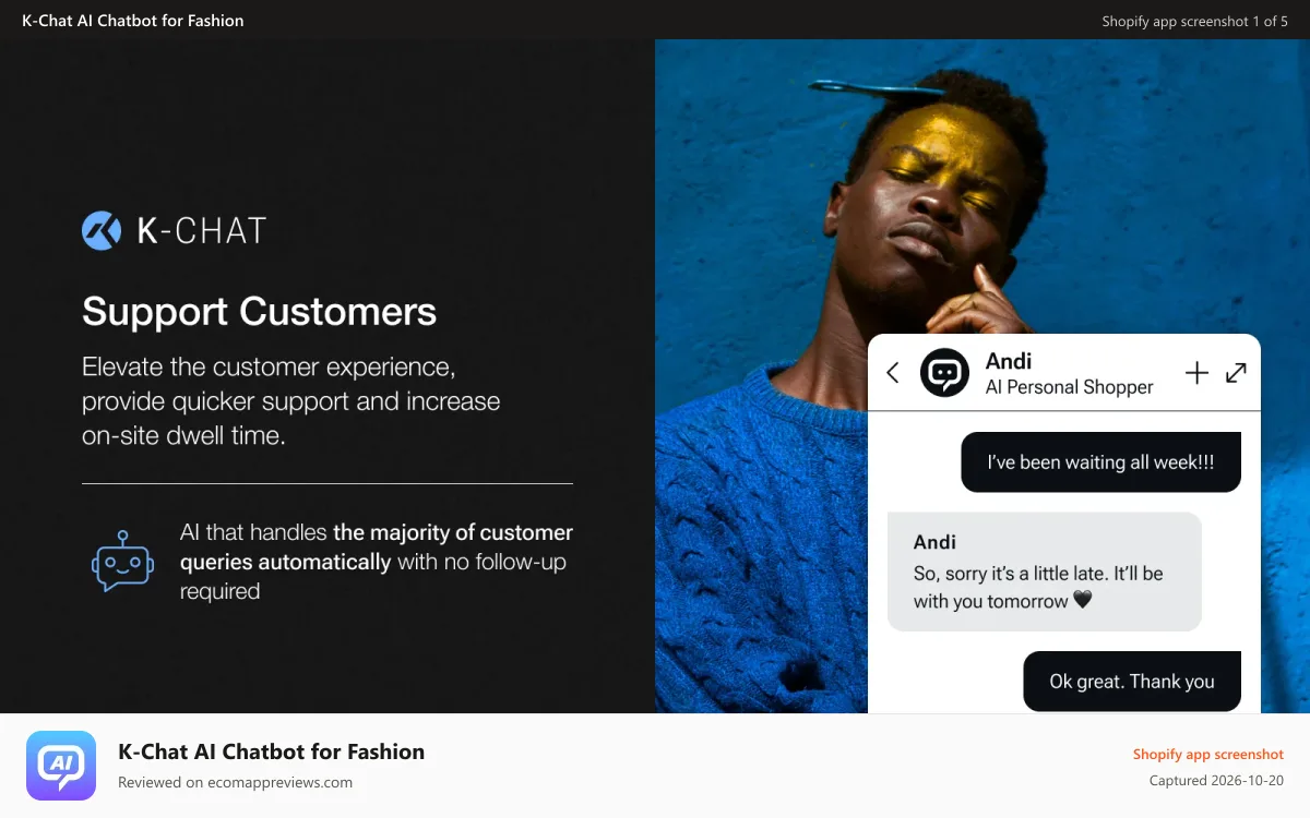 K‑Chat AI Chatbot for Fashion Shopify app screenshot: K-Chat AI Chatbot 90% customer service automation