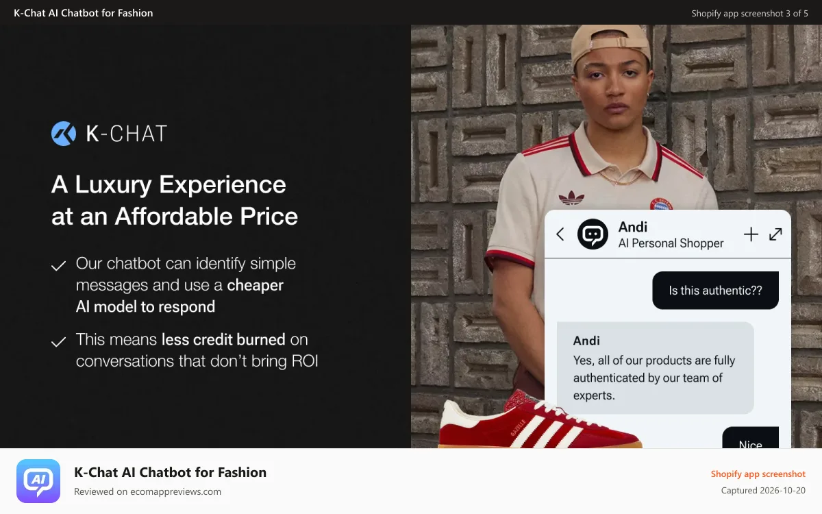 K‑Chat AI Chatbot for Fashion Shopify app screenshot: We use the right AI model for the query = lower cost