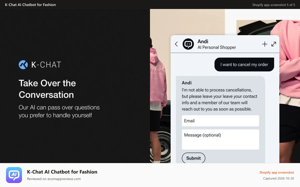 K‑Chat AI Chatbot for Fashion Shopify app screenshot: Handover to a person if K-Chat doesn't know