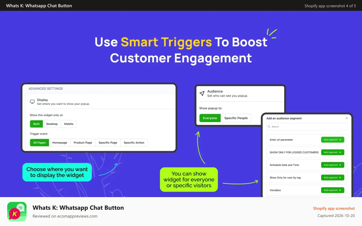 Whats K: Whatsapp Chat Button Shopify app screenshot: Conditions and triggers
