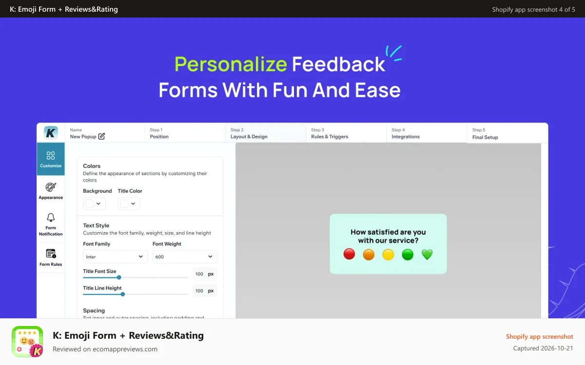 K: Emoji Form + Reviews&Rating Shopify app screenshot: Customizer