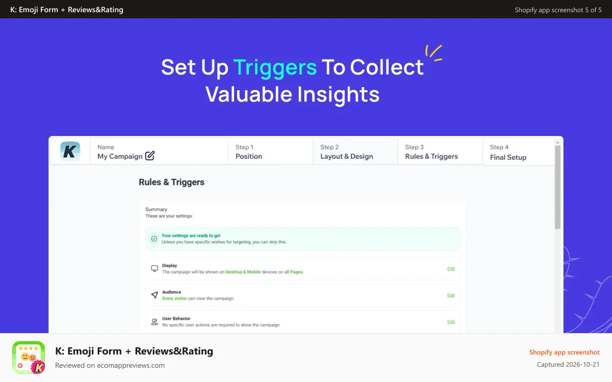 K: Emoji Form + Reviews&Rating Shopify app screenshot: Triggers