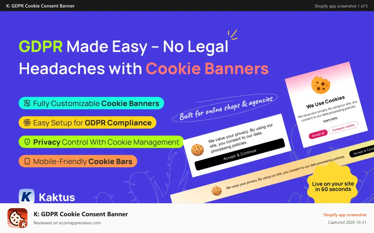 K: GDPR Cookie Consent Banner Shopify app screenshot: GDPR Cookie Consent Banner
