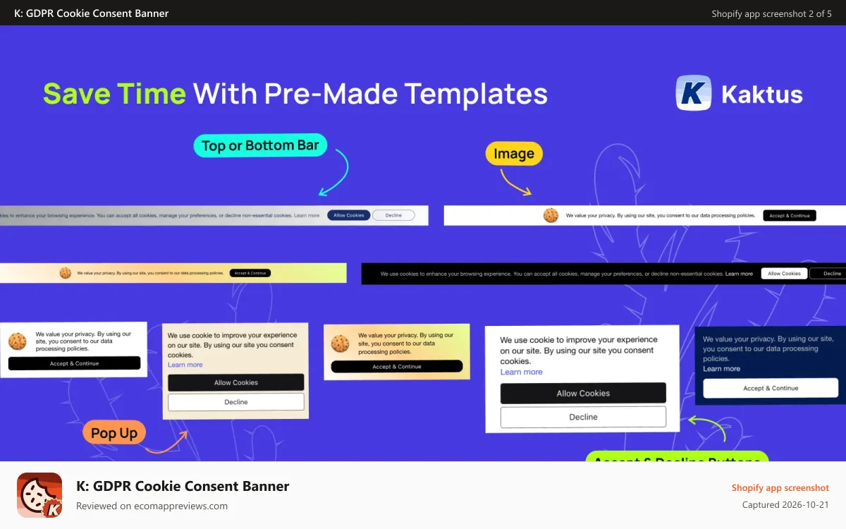 K: GDPR Cookie Consent Banner Shopify app screenshot: Pre-made templates