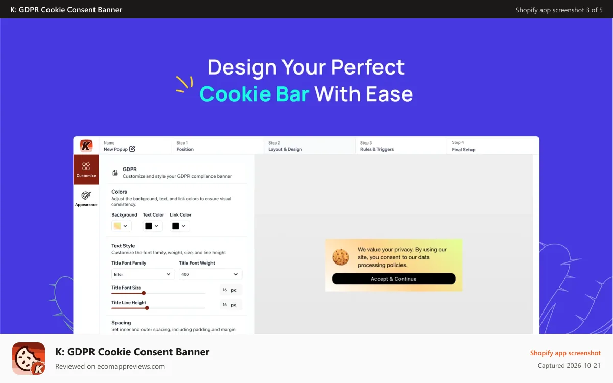 K: GDPR Cookie Consent Banner Shopify app screenshot: Simple Customizer
