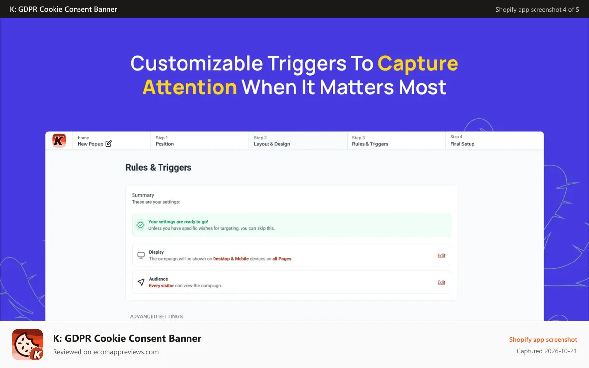 K: GDPR Cookie Consent Banner Shopify app screenshot: Triggers
