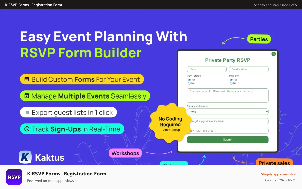 K:RSVP Forms+Registration Form Shopify app screenshot: RSVP Form Builder banner