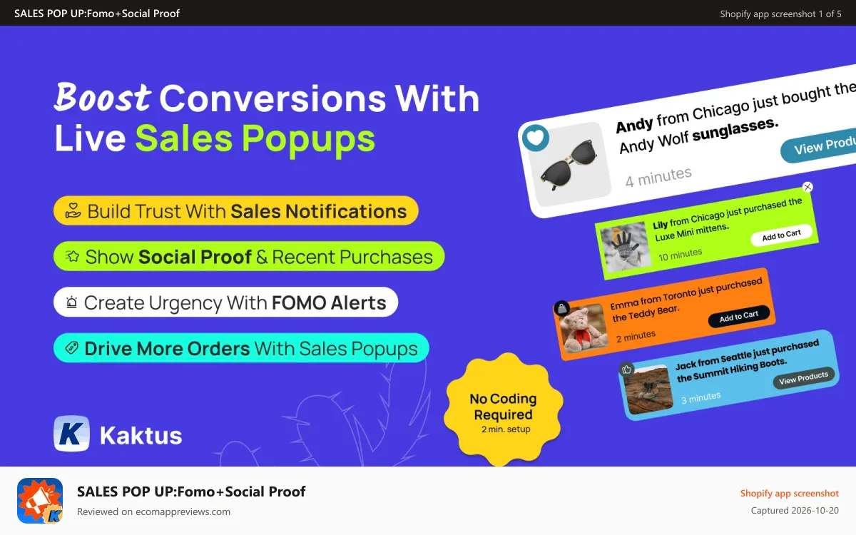 SALES POP UP:Fomo+Social Proof Shopify app screenshot: Sales notification banner
