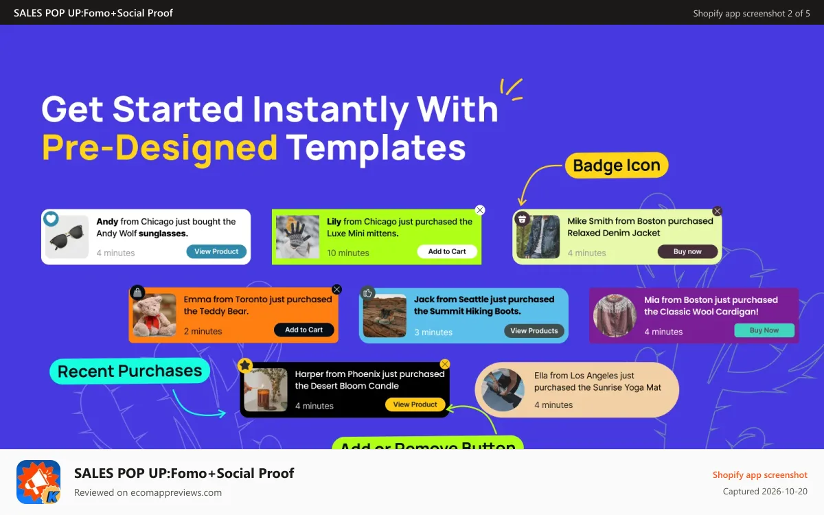 SALES POP UP:Fomo+Social Proof Shopify app screenshot: Pre-made templates