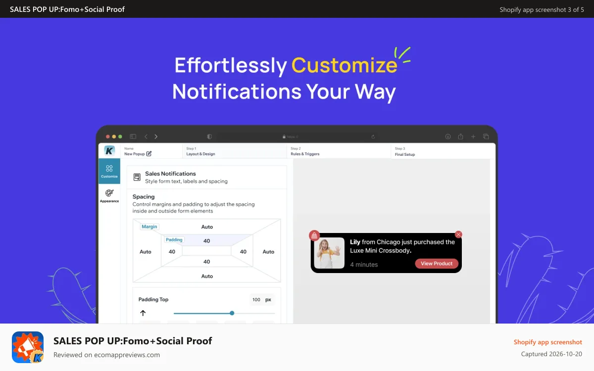 SALES POP UP:Fomo+Social Proof Shopify app screenshot: Customizer