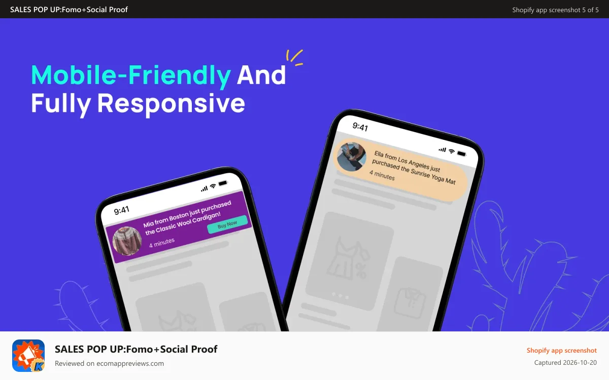 SALES POP UP:Fomo+Social Proof Shopify app screenshot: Mobile Responsive