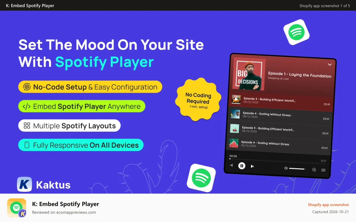 K: Embed Spotify Player Shopify app screenshot: Spotify Player Banner