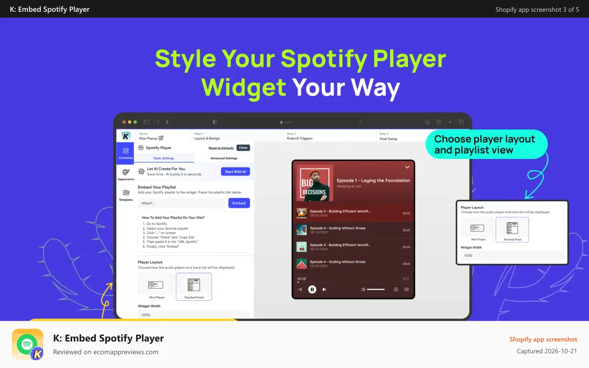 K: Embed Spotify Player Shopify app screenshot: Customizer